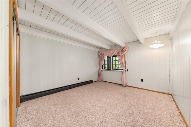 2111 E 34th Ave, Spokane, WA 99203 - carpeted empty room featuring beamed ceiling, a baseboard heating unit, and wood walls