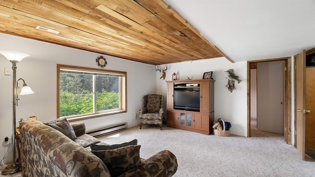 36918 N Valley Rd, Chattaroy, WA 99003 - living area with a baseboard heating unit, carpet floors, and wooden ceiling