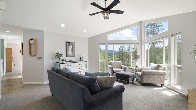 36918 N Valley Rd, Chattaroy, WA 99003 - living area with carpet flooring, ceiling fan, recessed lighting, high vaulted ceiling, and baseboards