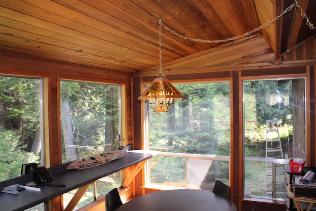 42604 Hatch Rd, Deer Park, WA 99006 - sunroom with lofted ceiling, wood ceiling, healthy amount of natural light, wooden walls, and a chandelier