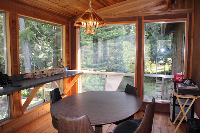 42604 Hatch Rd, Deer Park, WA 99006 - dining area with a chandelier, hardwood / wood-style floors, vaulted ceiling, healthy amount of natural light, and wooden ceiling