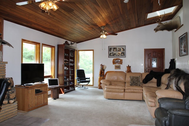 42604 Hatch Rd, Deer Park, WA 99006 - carpeted living room with a ceiling fan, lofted ceiling, wooden ceiling, and a skylight