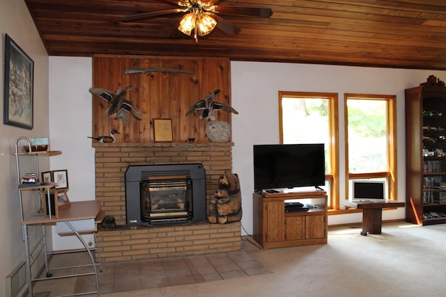 42604 Hatch Rd, Deer Park, WA 99006 - living room with wooden ceiling, a ceiling fan, and a brick fireplace
