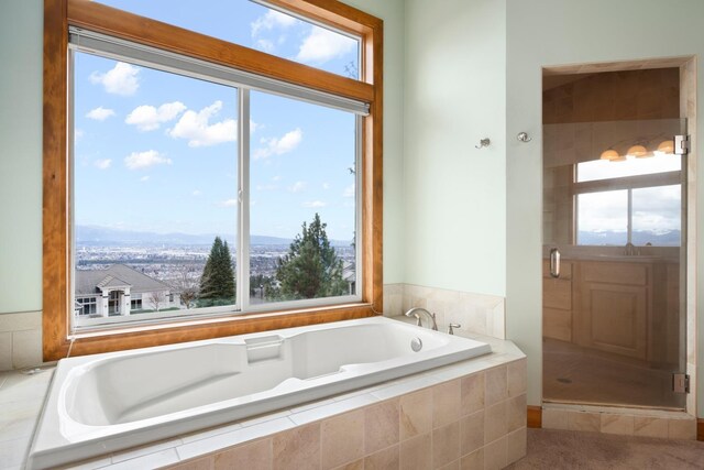 8518 E Black Oak Ln, Spokane, WA 99217 - bathroom featuring plenty of natural light, a bath, a stall shower, and a mountain view