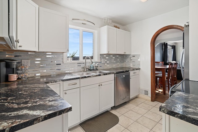 18 E Euclid Ave, Spokane, WA 99207 - kitchen featuring dishwasher, a sink, dark countertops, and tasteful backsplash