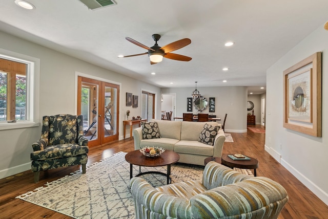 2203 W Strong Rd, Spokane, WA 99208 - living room with french doors, baseboards, recessed lighting, wood finished floors, and ceiling fan