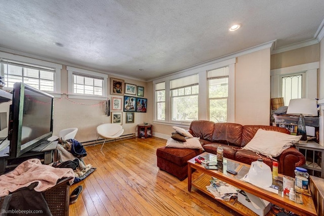 1611 W 9th Ave, Spokane, WA 99223 - living area featuring crown molding, a baseboard heating unit, hardwood / wood-style floors, a textured ceiling, and recessed lighting