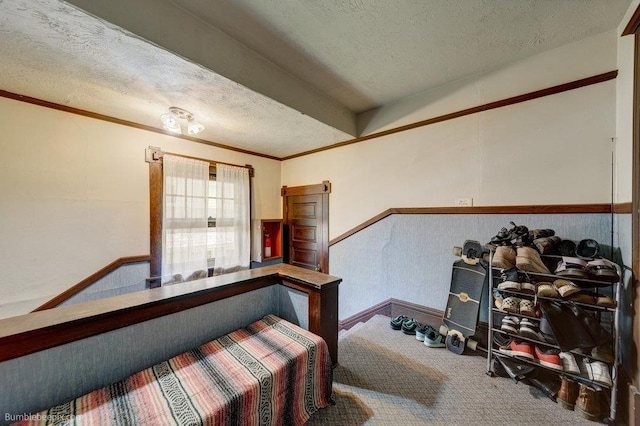 1621 W 9th Ave, Spokane, WA 99223 - carpeted bedroom featuring a textured ceiling, wainscoting, and crown molding