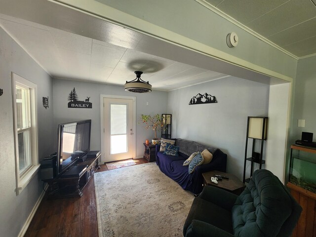424 W Larch St, Newport, WA 99156 - living room featuring wood finished floors, crown molding, and baseboards