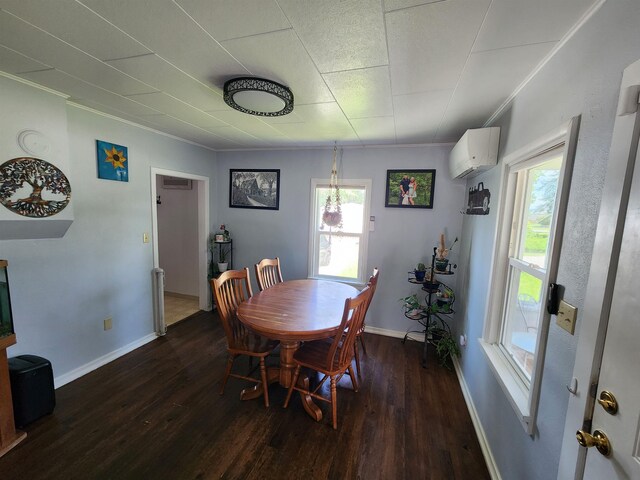 424 W Larch St, Newport, WA 99156 - dining area with dark wood-type flooring, a wall mounted air conditioner, healthy amount of natural light, crown molding, and baseboards