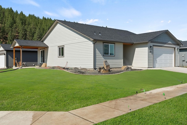 14101 E Sanson Ave, Spokane Valley, WA 99216 - ranch-style home featuring a garage, a front lawn, concrete driveway, and a shingled roof