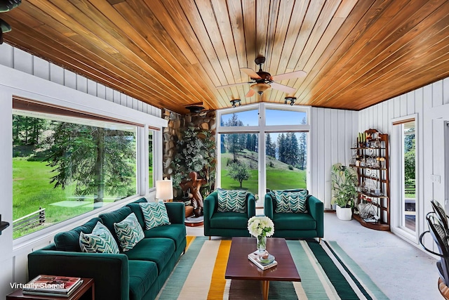 128C Buena Vista Rd, Colville, WA 99114 - sunroom with an outdoor living space, wooden ceiling, a ceiling fan, vaulted ceiling, and plenty of natural light