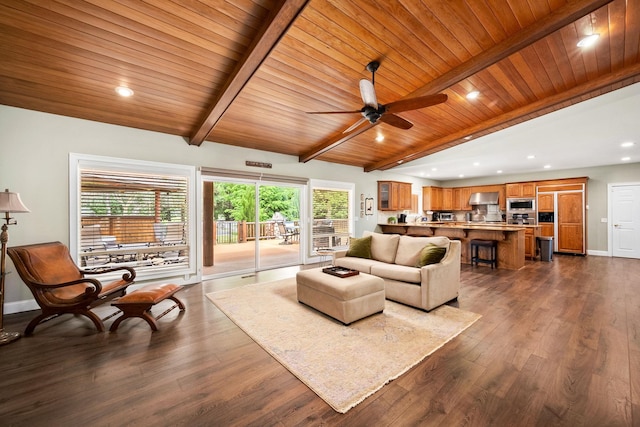 10101 N Pines Rd, Hayden, ID 83835 - living room with a ceiling fan, wood ceiling, recessed lighting, dark wood-style flooring, and baseboards