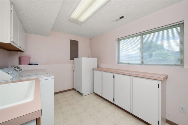 13715 E Rich Ave, Spokane Valley, WA 99216 - laundry room featuring cabinet space, electric panel, independent washer and dryer, light flooring, and baseboards