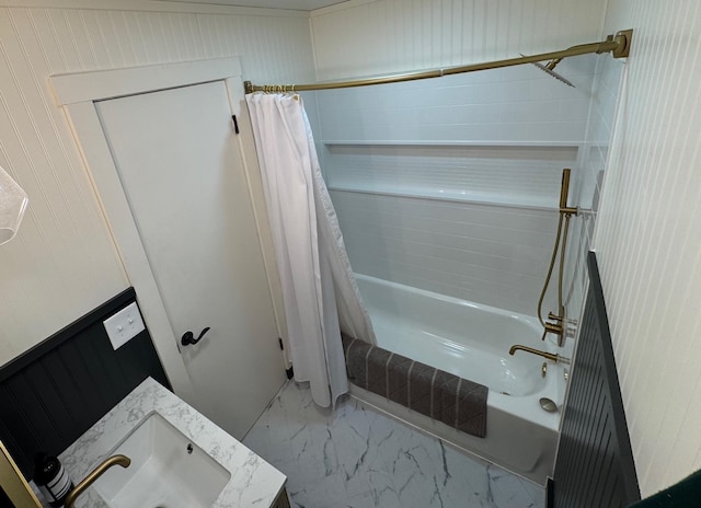 8616 E Desmet Ave, Spokane Valley, WA 99212 - full bathroom featuring shower / tub combo with curtain, marble look tile flooring, and vanity