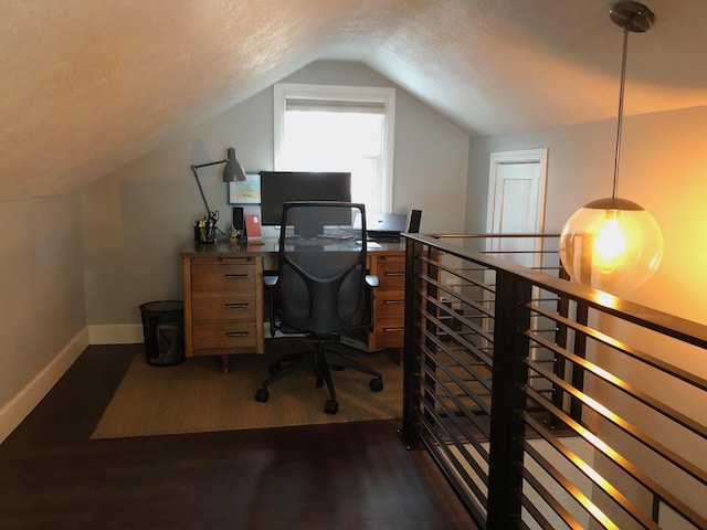 1617 S Bernard St, Spokane, WA 99203 - home office featuring vaulted ceiling, baseboards, a textured ceiling, and dark wood finished floors