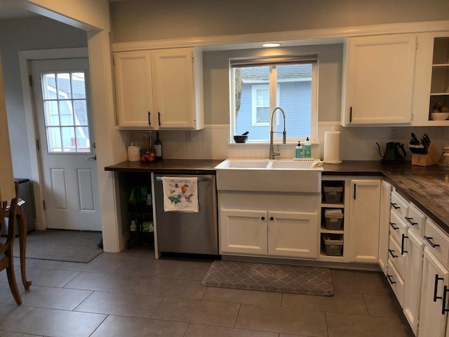 1617 S Bernard St, Spokane, WA 99203 - kitchen featuring stainless steel dishwasher, open shelves, dark countertops, a sink, and white cabinets