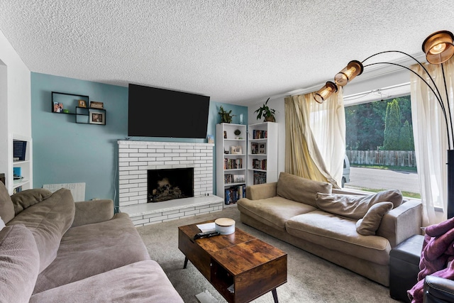 4405 E 46th Ave, Spokane, WA 99223 - carpeted living area with a textured ceiling and a brick fireplace