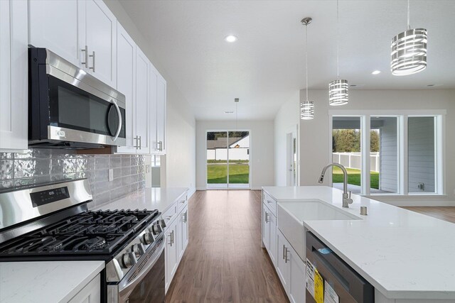 3405 E Yearling Rd, Chattaroy, WA 99003 - kitchen featuring stainless steel appliances, a sink, wood finished floors, white cabinets, and decorative backsplash