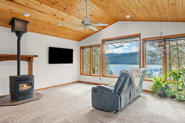 2378 Eagle River Way, Kettle Falls, WA 99141 - living room with vaulted ceiling, carpet, wooden ceiling, a wood stove, and baseboards