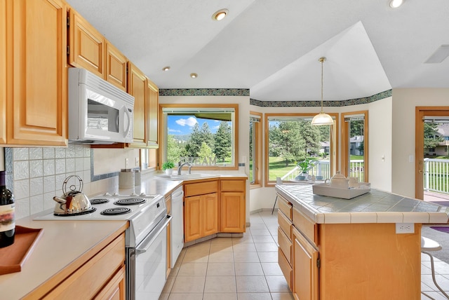 4605 E Birkdale Ln, Spokane, WA 99223 - kitchen with white appliances, plenty of natural light, a sink, decorative backsplash, and recessed lighting