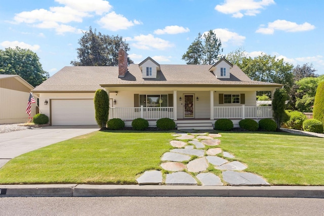 11605 N Merlin Dr, Spokane, WA 99218 - view of front facade with covered porch, an attached garage, concrete driveway, a front lawn, and a chimney
