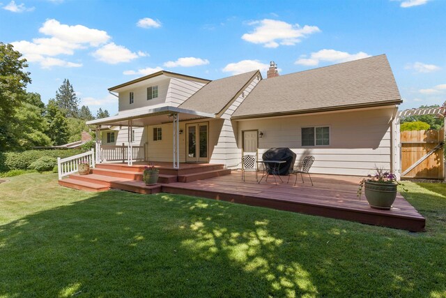 11605 N Merlin Dr, Spokane, WA 99218 - rear view of property with french doors, a deck, a chimney, and roof with shingles