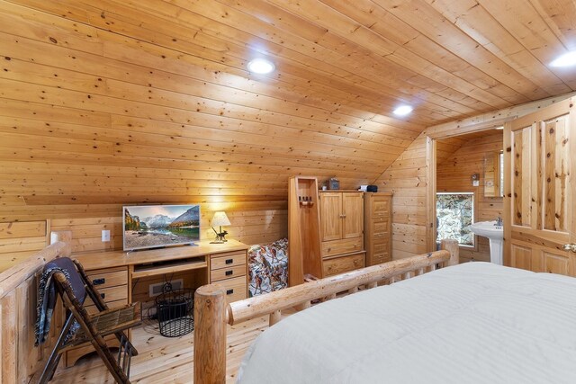 31579 E Hume Rd, Davenport, WA 99122 - bedroom with wooden ceiling, wooden walls, vaulted ceiling, light wood-style floors, and recessed lighting