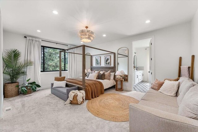 9610 S Mullen Hill Rd, Spokane, WA 99224 - bedroom with carpet floors, recessed lighting, a chandelier, and connected bathroom