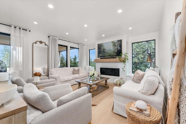 9610 S Mullen Hill Rd, Spokane, WA 99224 - living area featuring recessed lighting, healthy amount of natural light, a glass covered fireplace, and light wood-style flooring