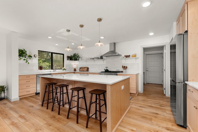 16106 N Mt Spokane Park Dr, Mead, WA 99021 - kitchen with wall chimney exhaust hood, open shelves, appliances with stainless steel finishes, decorative backsplash, and recessed lighting
