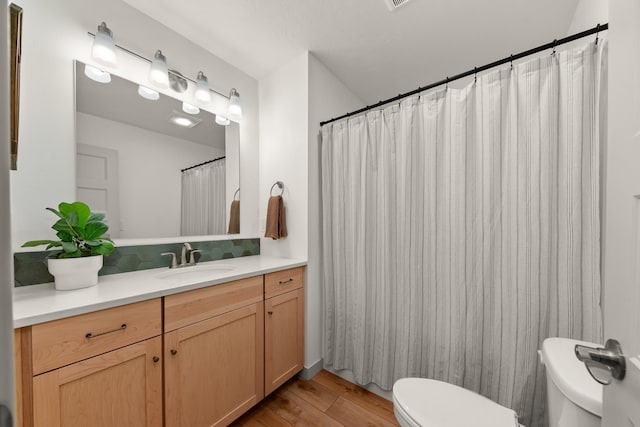 16106 N Mt Spokane Park Dr, Mead, WA 99021 - bathroom with toilet, wood finished floors, vanity, and backsplash