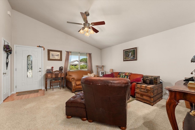 813 Tamarack Ln, Chewelah, WA 99109 - carpeted living area featuring vaulted ceiling, a ceiling fan, and baseboards