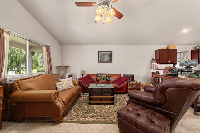 813 Tamarack Ln, Chewelah, WA 99109 - living room featuring lofted ceiling, ceiling fan, and light carpet