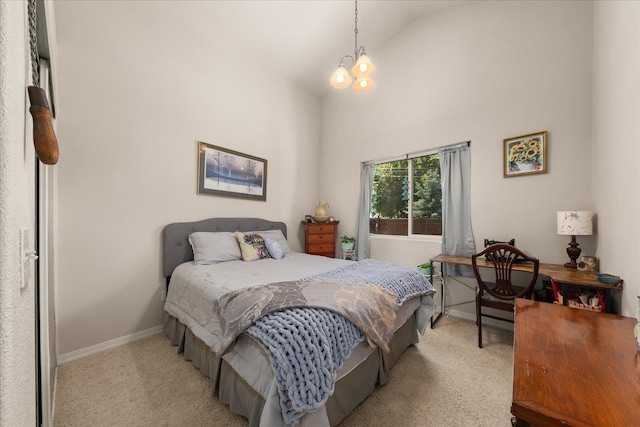 813 Tamarack Ln, Chewelah, WA 99109 - bedroom featuring light colored carpet, baseboards, and high vaulted ceiling