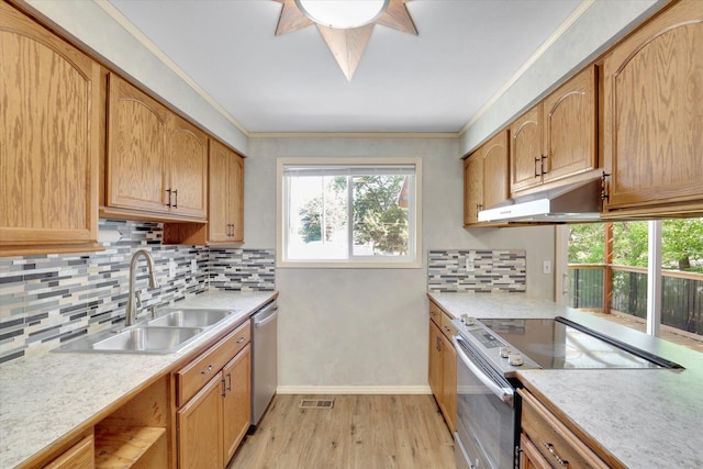 1517 E Olympic Ave, Spokane, WA 99207 - kitchen with appliances with stainless steel finishes, a sink, light wood finished floors, light countertops, and crown molding