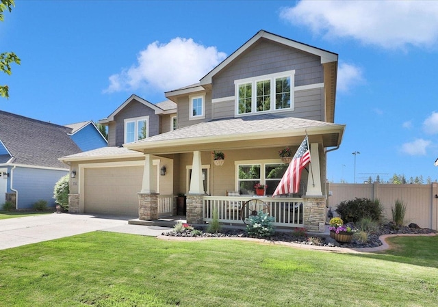 726 E Colbert Rd, Colbert, WA 99005 - craftsman-style house with covered porch, concrete driveway, an attached garage, stone siding, and a shingled roof