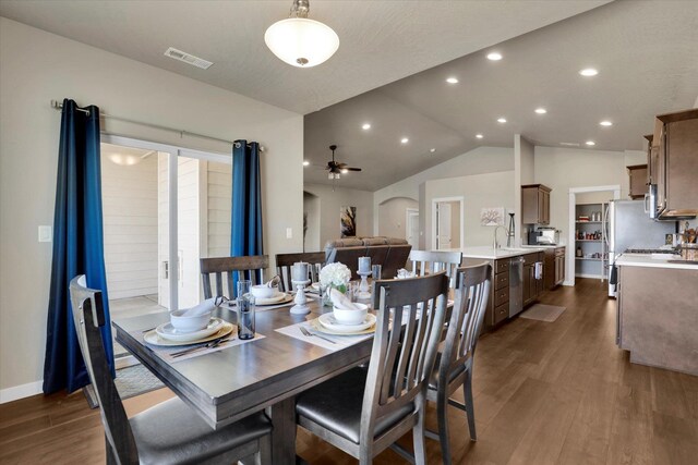 18381 E 17th Ave, Greenacres, WA 99016 - dining space with dark wood-style flooring, a ceiling fan, lofted ceiling, and recessed lighting