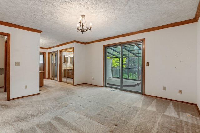 1621 E 65th Ave, Spokane, WA 99223 - spare room featuring ornamental molding, a chandelier, light colored carpet, and a textured ceiling