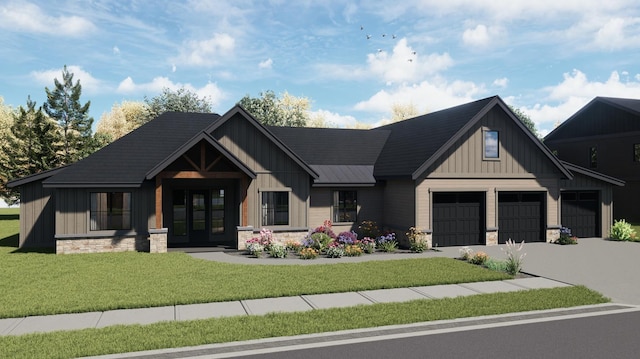 10920 E 51st Ln, Spokane Valley, WA 99206 - modern inspired farmhouse with board and batten siding, stone siding, french doors, a front yard, and concrete driveway