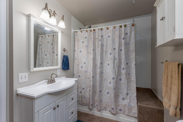 337 Lehigh Hill Rd, Metaline Falls, WA 99153 - bathroom with vanity, shower / bathtub combination with curtain, and tile patterned floors