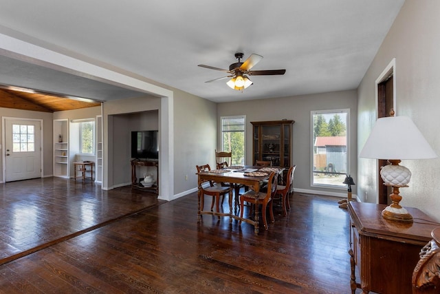 337 Lehigh Hill Rd, Metaline Falls, WA 99153 - dining area featuring hardwood / wood-style flooring, a ceiling fan, and vaulted ceiling