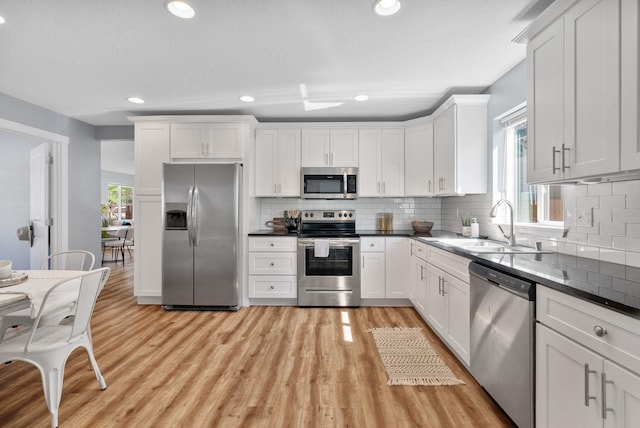 1010 E Montgomery Ave, Spokane, WA 99207 - kitchen featuring appliances with stainless steel finishes, decorative backsplash, white cabinets, light wood-style floors, and recessed lighting