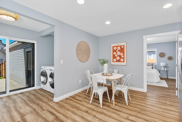 1010 E Montgomery Ave, Spokane, WA 99207 - dining space with washer and clothes dryer, light wood-style flooring, and recessed lighting