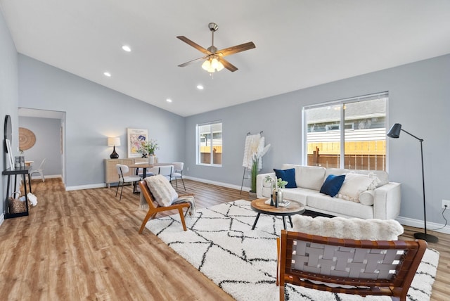 1010 E Montgomery Ave, Spokane, WA 99207 - living room featuring ceiling fan, wood finished floors, recessed lighting, and high vaulted ceiling