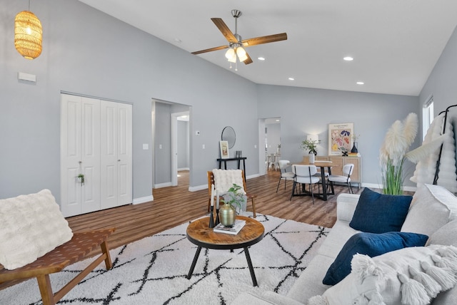 1010 E Montgomery Ave, Spokane, WA 99207 - living area with wood finished floors, a ceiling fan, high vaulted ceiling, and recessed lighting