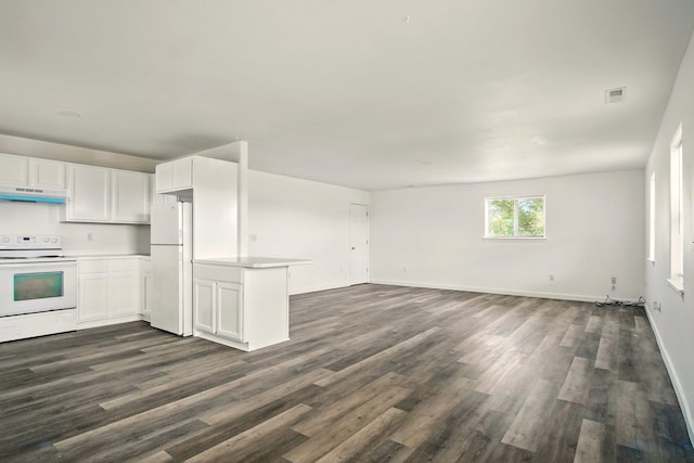 41450 Sunday Bay Rd N, Deer Meadows, WA 99122 - kitchen featuring white appliances, open floor plan, under cabinet range hood, dark wood-type flooring, and white cabinetry