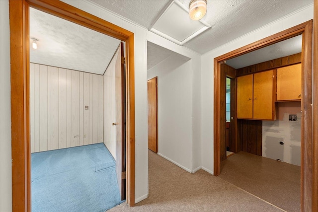 10904 E 26th Ave, Spokane, WA 99206 - hallway with carpet floors, wood walls, and a textured ceiling