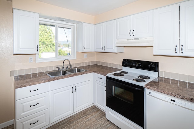 4806 N Drury Rd, Otis Orchards, WA 99027 - kitchen with range with electric cooktop, under cabinet range hood, white dishwasher, white cabinetry, and dark countertops