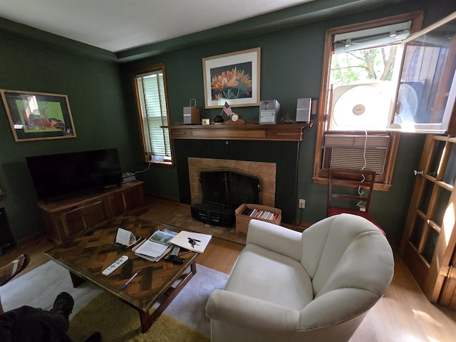 726 W 6th Ave Unit # 205, Spokane, WA 99204 - living room with wood finished floors and a tiled fireplace